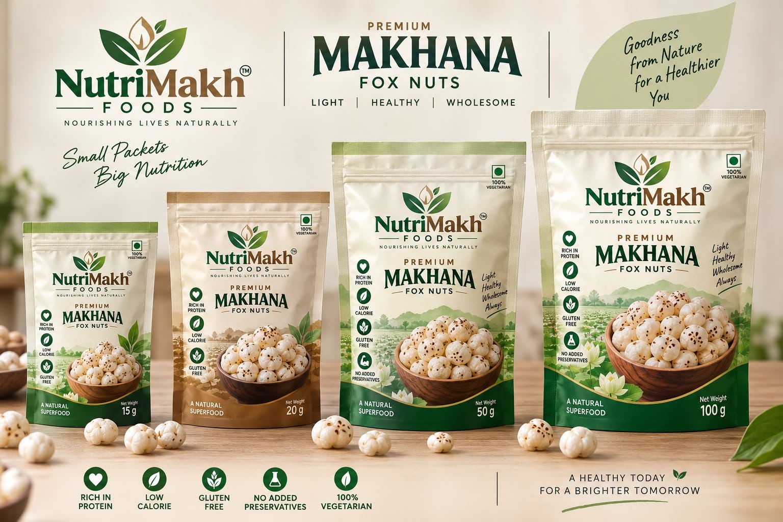 NutriMakh Foods premium makhana fox nuts in 15 g, 20 g, 50 g and 100 g packs