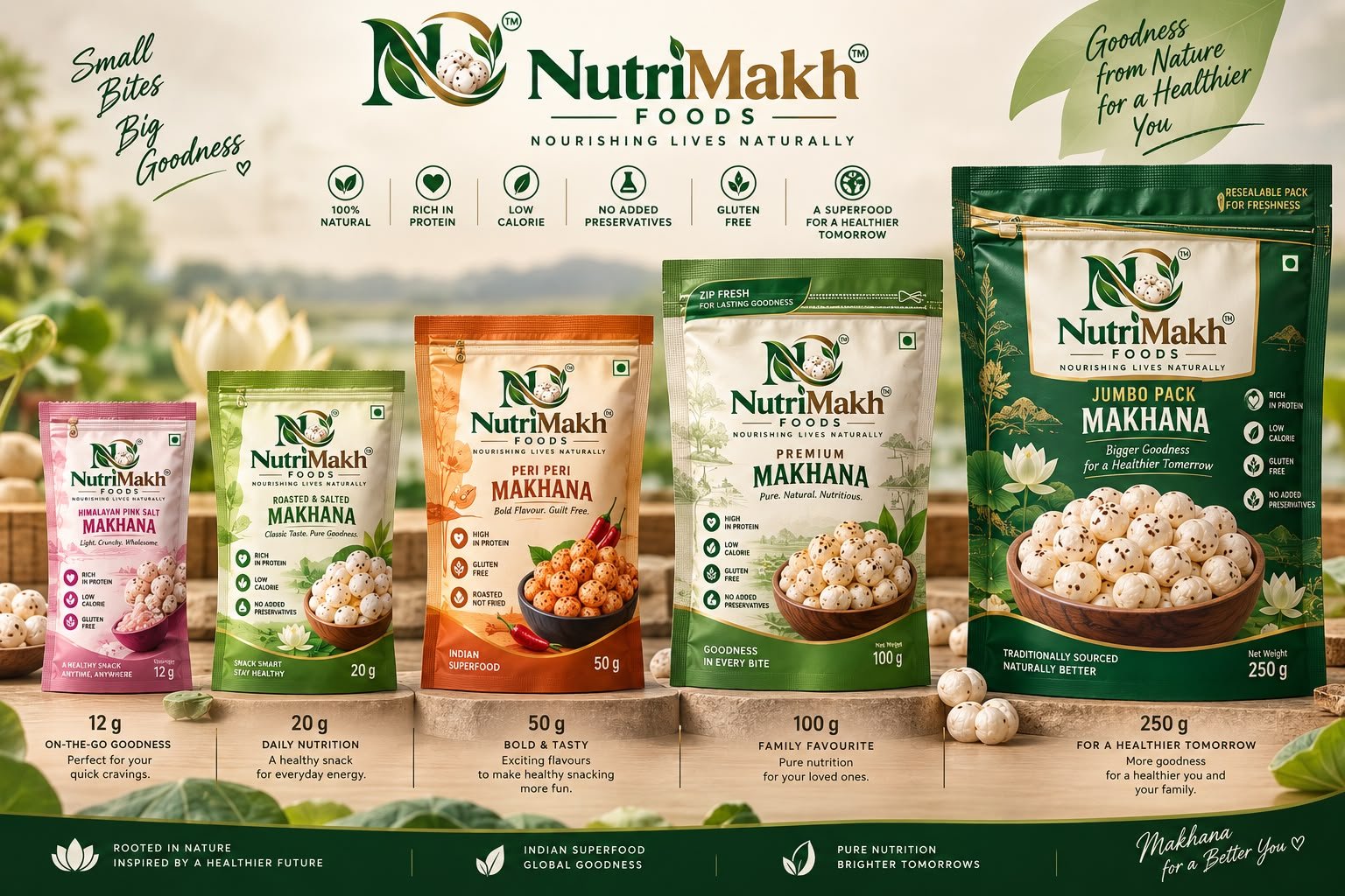 NutriMakh Foods makhana packs in five sizes, from 12 g to 250 g